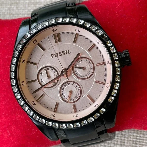 Fossil Ladies Wristwatch Crystals Accent Bezel Black Tone Quartz Multi-function - Picture 11 of 11